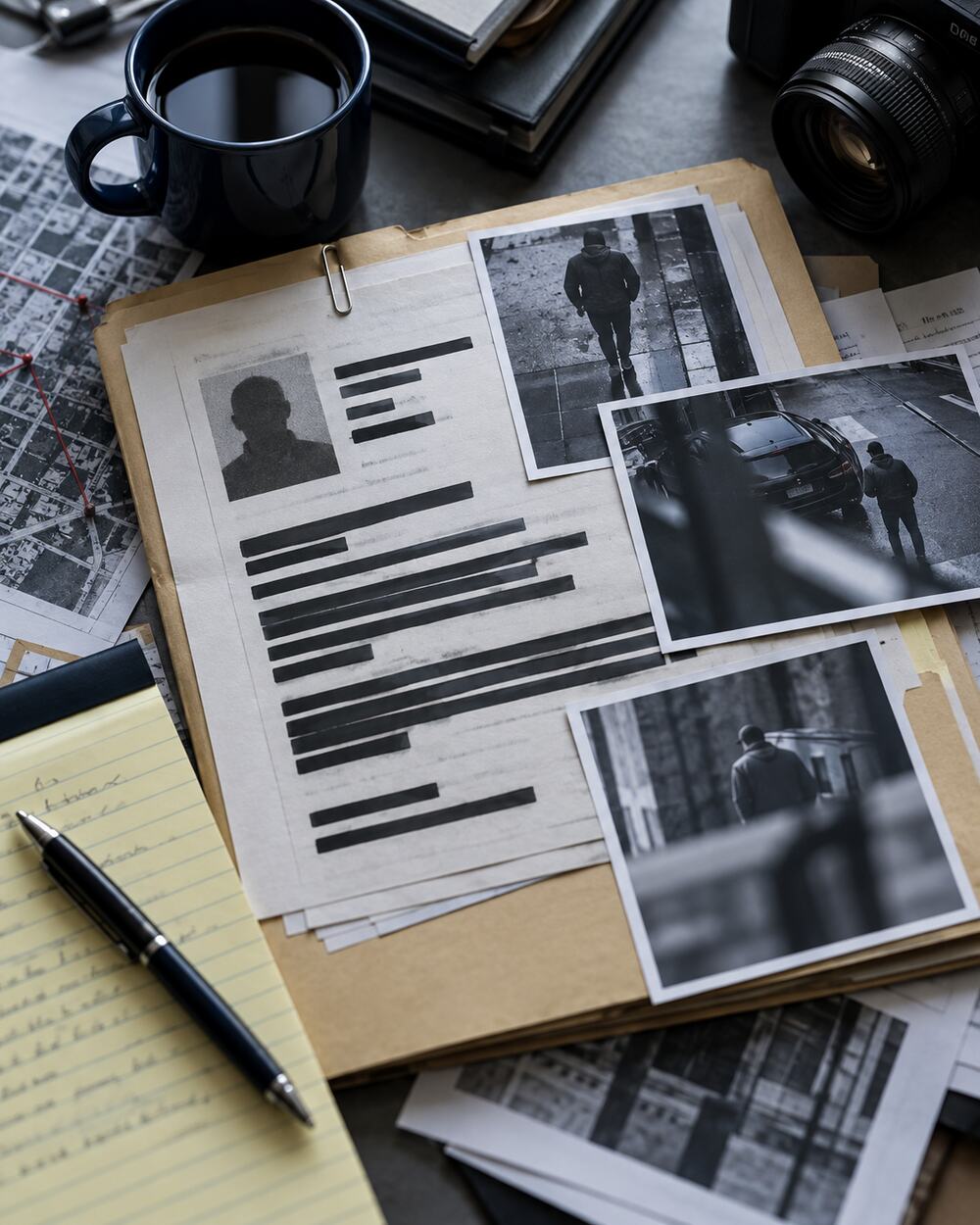 An investigator's desk with a redacted case file, surveillance photos, a legal pad and a camera