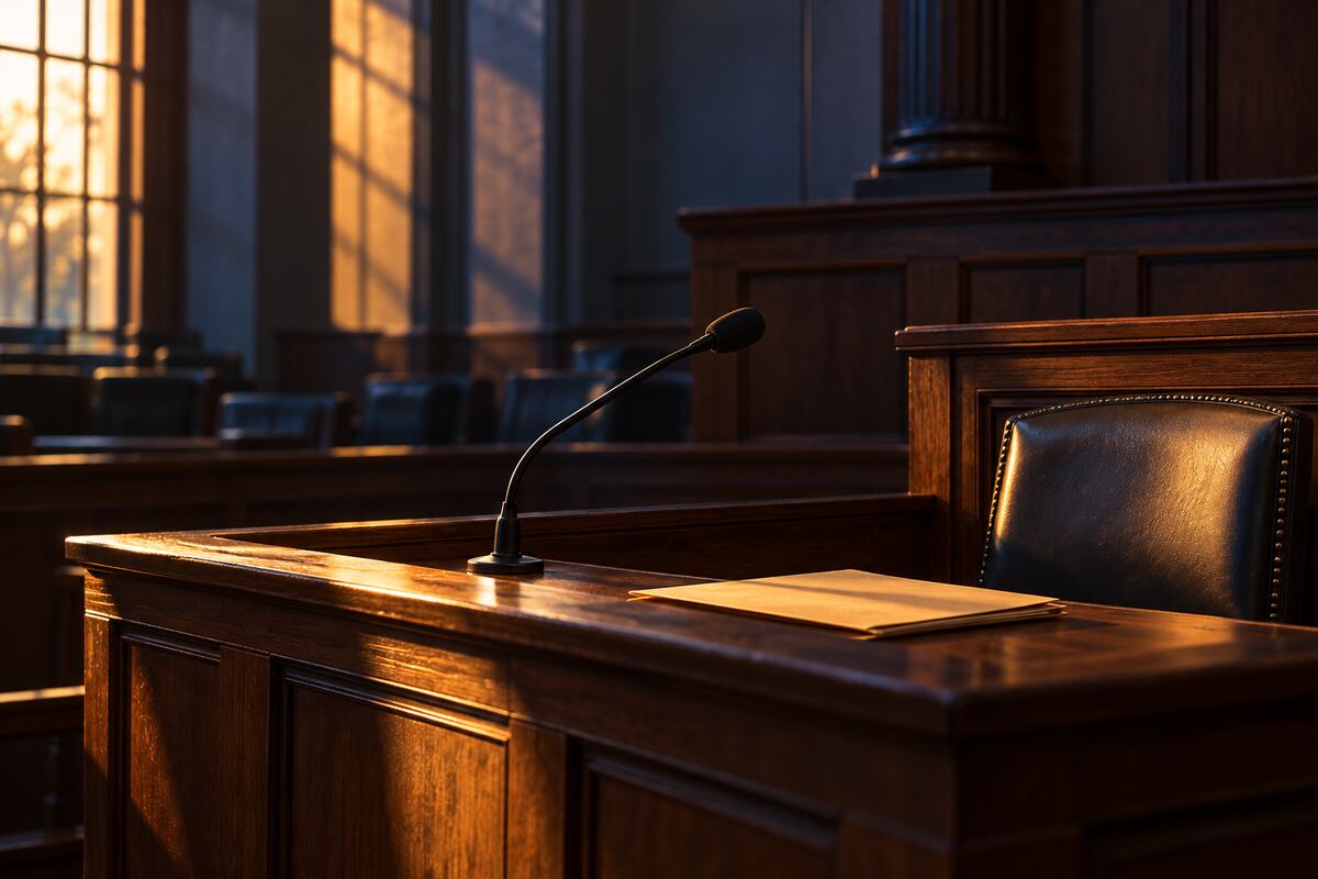 An empty courtroom witness stand in evening light, a folder resting on the ledge